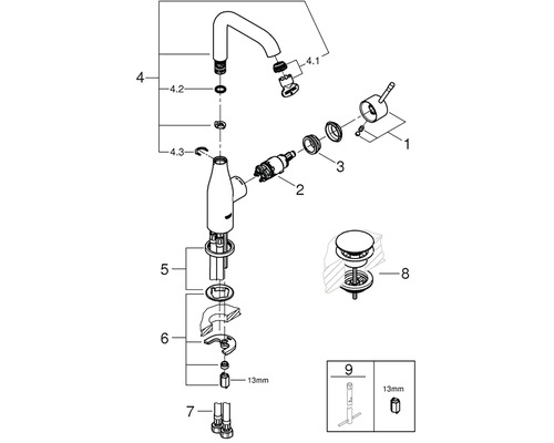Rozkreslený nákres umývadlovej batérie s dielmi
