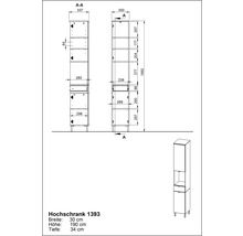 Technický nákres vysokej skrine s rozmermi