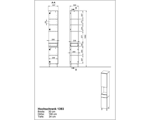 Technický nákres vysokej skrine s rozmermi