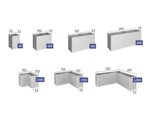 Rôzne obdĺžnikové kvetináče s uvedením rozmerov