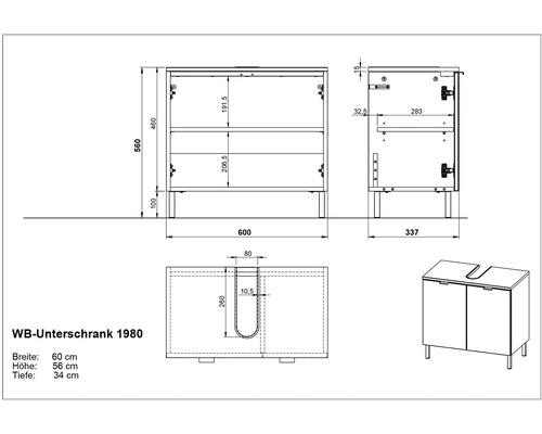 Technický nákres skrinky pod umývadlo s rozmermi