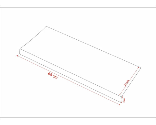 Nákres drevenej dosky s dĺžkou 65 centimetrov, šírkou 25 centimetrov a výškou 3 centimetre