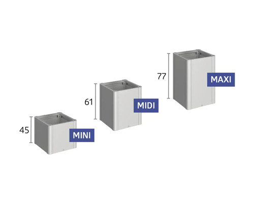 Tri kvetináče veľkostí Mini, Midi a Maxi s výškou v milimetroch.
