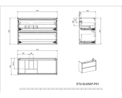 Technický nákres skrinky pod umývadlo s rozmermi