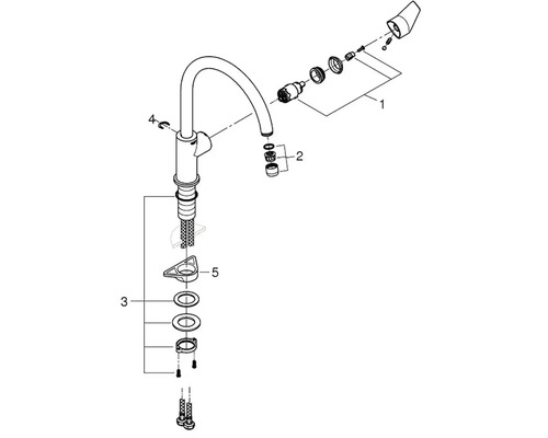 Rozkreslený nákres kuchynskej batérie zobrazujúci jednotlivé diely.