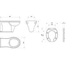 Technický nákres závesnej toalety s rozmermi