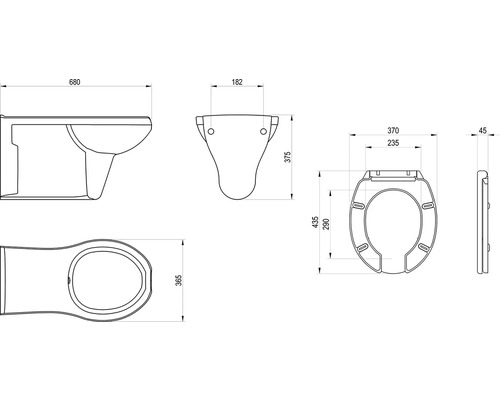 Technický nákres závesnej toalety s rozmermi