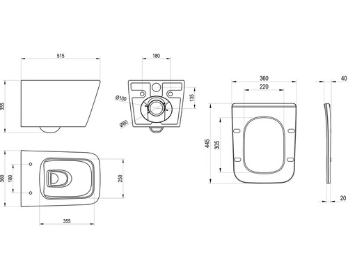 Technický nákres závesného WC s rozmermi