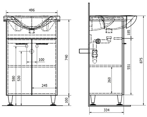 Technický výkres skrinky pod umývadlo s rozmermi