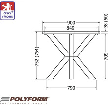Technický nákres stola s rozmermi a logom Český výrobok.