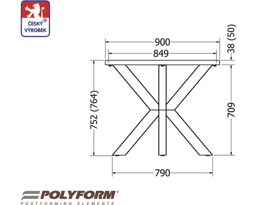 Technický nákres stola s rozmermi a logom Český výrobok.