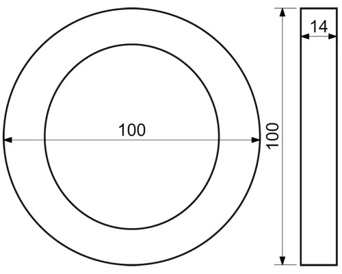 Technický nákres podložky s rozmermi 100 krát 14 milimetrov.