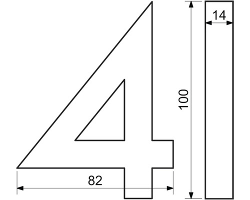 Technický nákres číslice štyri s rozmermi