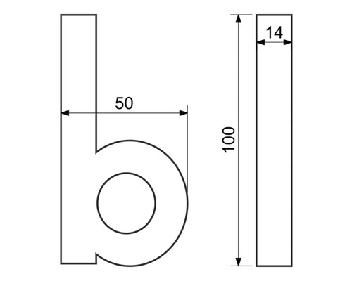 Technický výkres písmena b s rozmermi.