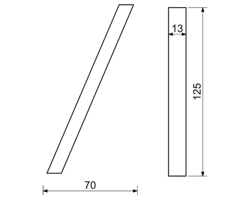 Technický nákres dreva s rozmermi 70 x 13 x 125 milimetrov