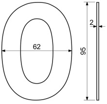 Technický nákres písmena O s rozmermi: výška 95 mm, šírka 62 mm a hrúbka 2 mm.