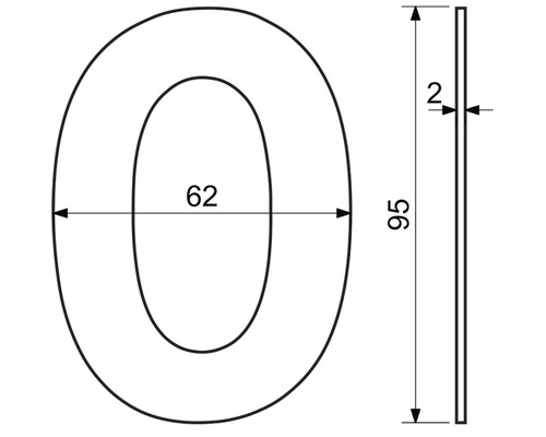 Technický nákres písmena O s rozmermi: výška 95 mm, šírka 62 mm a hrúbka 2 mm.