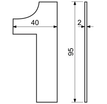 Technický nákres domového čísla jedna s rozmermi 40, 95 a 2 milimetre
