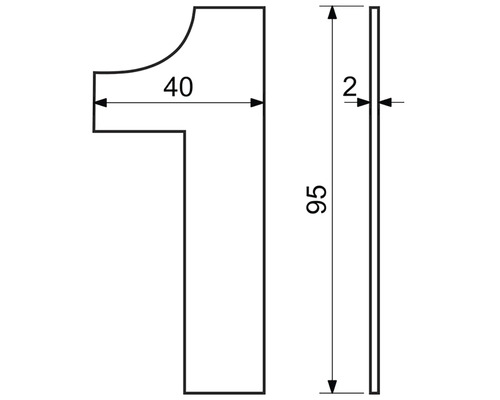 Technický nákres domového čísla jedna s rozmermi 40, 95 a 2 milimetre