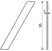 Výkres rozmerov produktu: dĺžka 95 milimetrov, hrúbka 2 milimetre