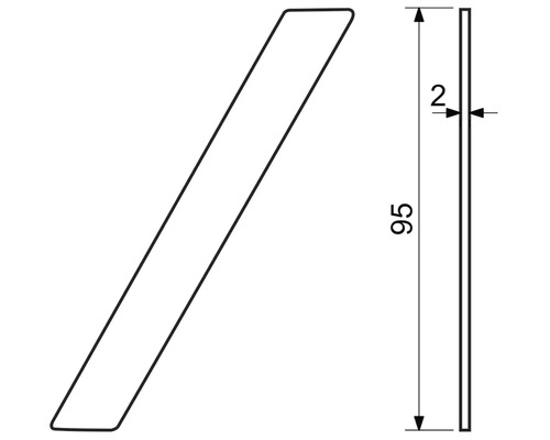 Výkres rozmerov produktu: dĺžka 95 milimetrov, hrúbka 2 milimetre