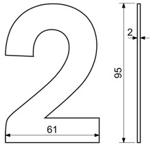 Obrázok rozmerov domového čísla 2: výška 95 mm, šírka 61 mm, hrúbka 2 mm