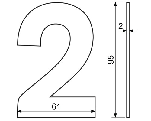 Obrázok rozmerov domového čísla 2: výška 95 mm, šírka 61 mm, hrúbka 2 mm