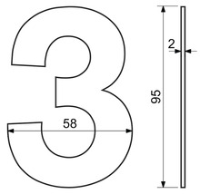 Rozmery domového čísla Tri: výška 95 milimetrov, šírka 58 milimetrov a hrúbka 2 milimetre.