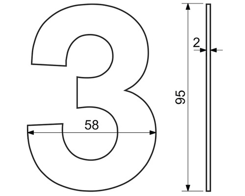 Rozmery domového čísla Tri: výška 95 milimetrov, šírka 58 milimetrov a hrúbka 2 milimetre.