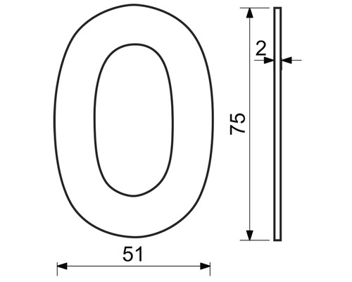 Technický nákres domového čísla nula s rozmermi.