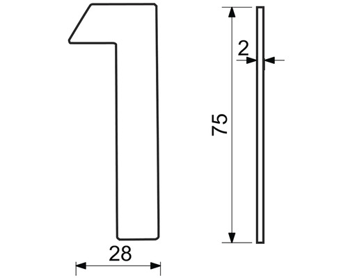 Obrázok čísla domu 1 s rozmermi 75 mm na výšku, 28 mm na šírku a 2 mm na hrúbku.