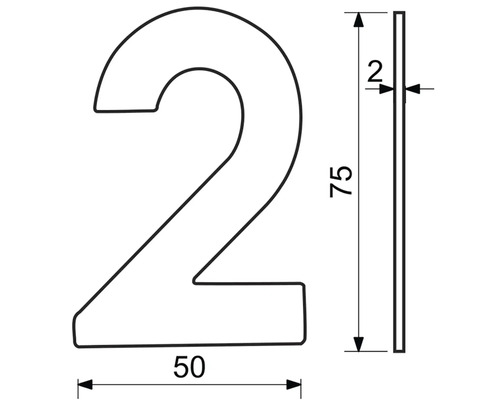 Technický výkres domového čísla Dva s rozmermi.