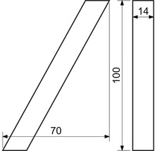 Technický výkres obrobku s rozmermi 100, 70 a 14.