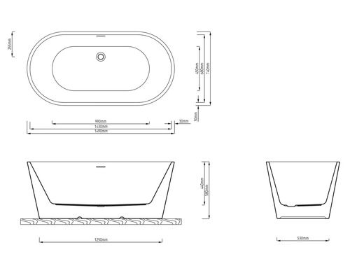 Technický nákres voľne stojacej vane s rozmermi