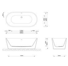 Technický nákres voľne stojacej vane s rozmermi