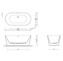 Technický nákres voľne stojacej vane s rozmermi