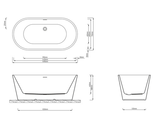 Technický nákres voľne stojacej vane s rozmermi