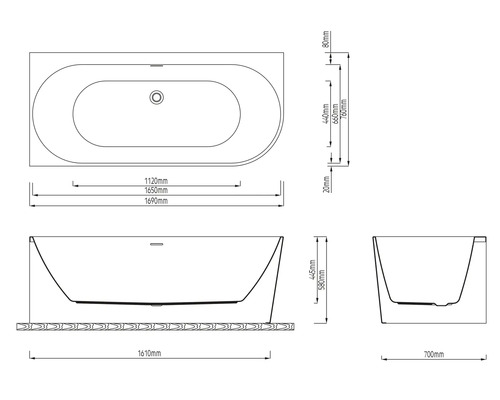 Technický nákres vane s rozmermi