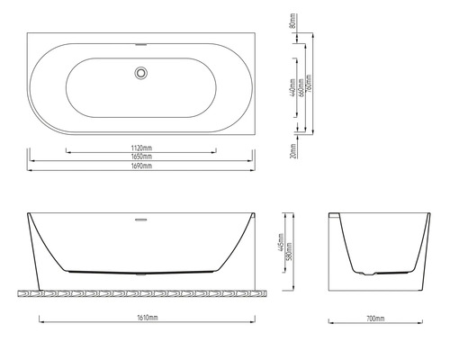 Technický nákres vane s rozmermi