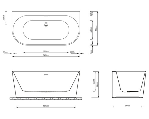 Technický nákres vane s rozmermi