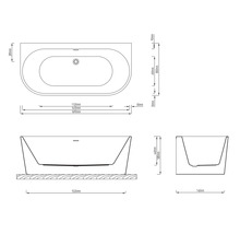Technický nákres vane s rozmermi pre inštaláciu.