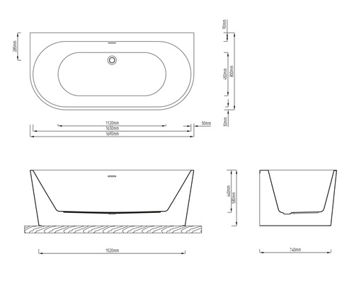 Technický nákres vane s rozmermi pre inštaláciu.