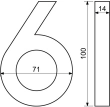 Rozmery domového čísla šesť s výškou 100 milimetrov