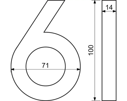 Rozmery domového čísla šesť s výškou 100 milimetrov