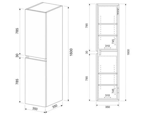 Technický nákres vysokej skrine s rozmermi.