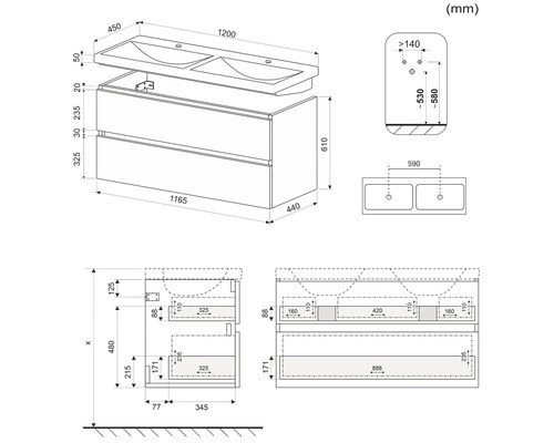 Technický nákres skrinky pod umývadlo s dvojitým umývadlom, vrátane rozmerov