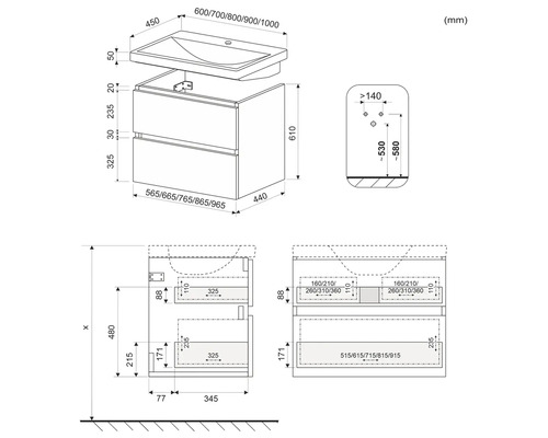 Technický nákres skrinky pod umývadlo s rozmermi