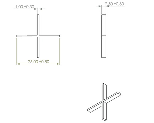 Technický nákres dištančného krížika s rozmermi