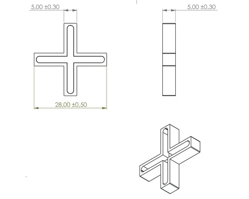 Technický nákres krížika na dlaždice s rozmermi