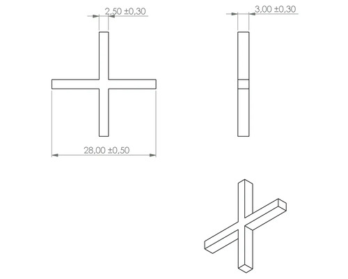 Technický nákres dištančného krížika so špecifikáciami rozmerov